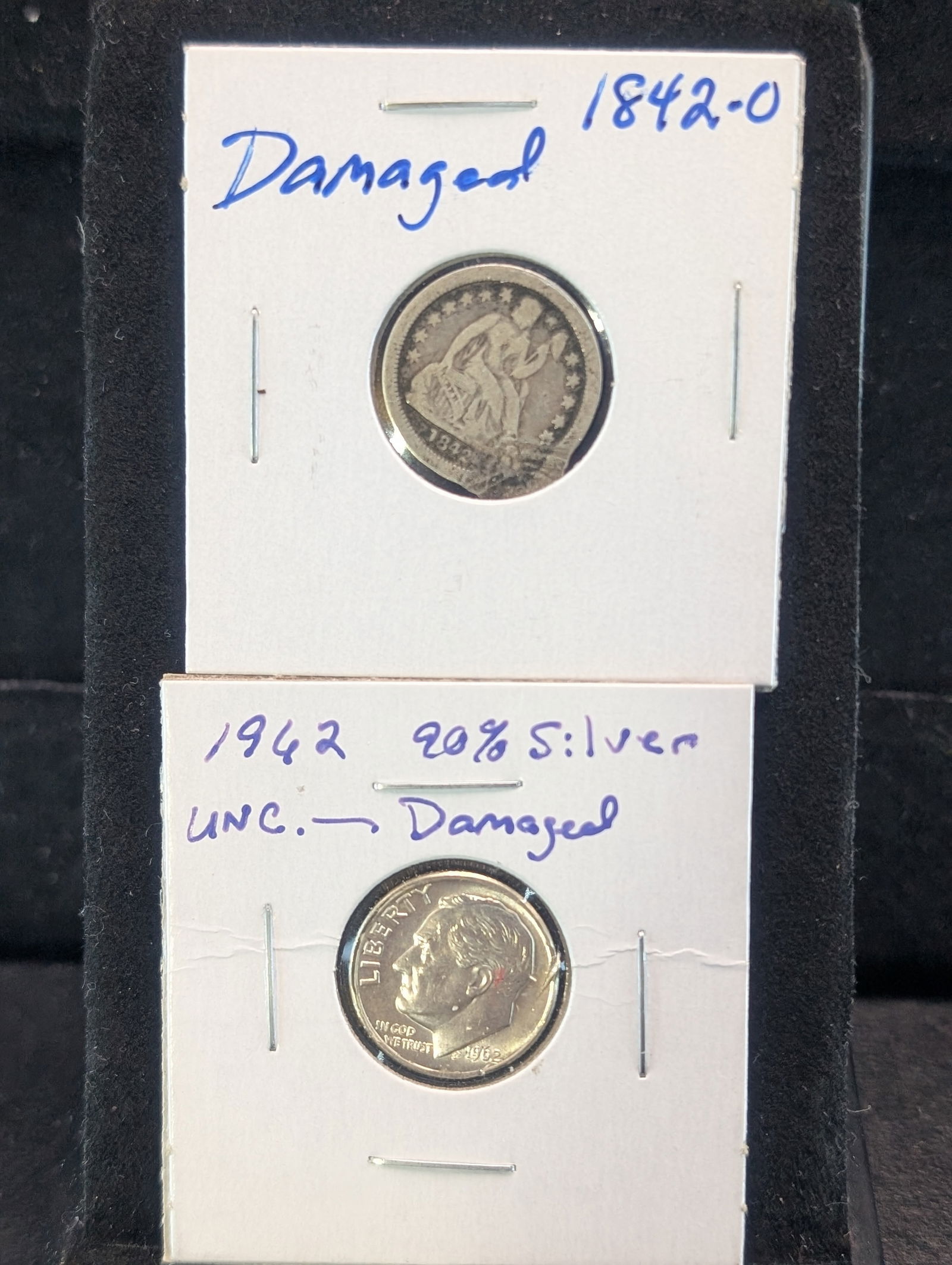 Damaged 1842-O Seated Liberty Dime & Damaged 1962-D Roosevelt Dime UNC 90% Silver (1 of 2)