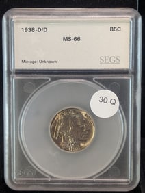 1938-D/D Buffalo Nickel, Slabbed by SEGS MS66