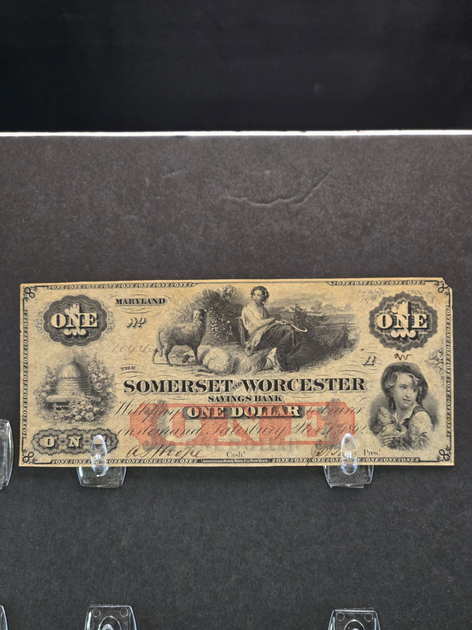 1862 $1 Somerset And Winchester Savings Bank, Salisbury, MD, Obsolete Note. Beehive, Left. (1 of 2)