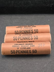 Three 1959-D Brilliant Uncirculated Unopened Federal Reserve Bank Lincoln Head Cent Rolls. 3 Rolls.