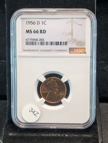 1956-D MS66 RD Lincoln Wheat Cent, (Graded by NGC)