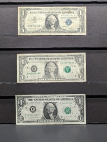 1957A One Dollar Silver Certificate, 1988 A One Dollar FRN, 1963B One Dollar Joseph W. Barr Note