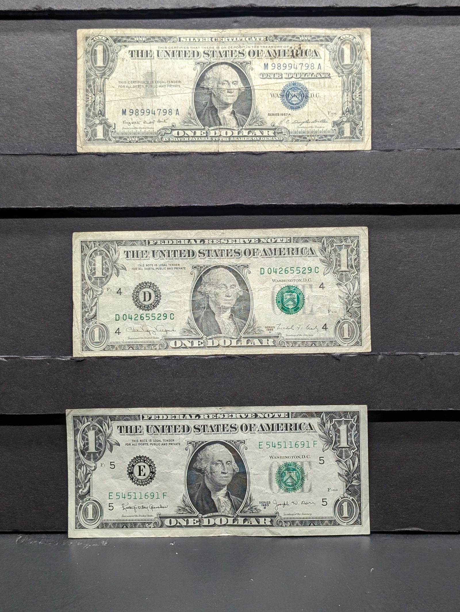1957A One Dollar Silver Certificate, 1988 A One Dollar FRN, 1963B One Dollar Joseph W. Barr Note (1 of 8)