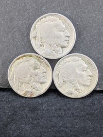 1919 1920 1921 Buffalo Nickels. Full Dates. 3 Coins.