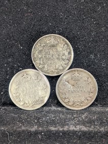 2-1917 & 1919, 92.5% Sterling Silver Canadian Five Cent Coins, Great Details, Over 100 Years Old