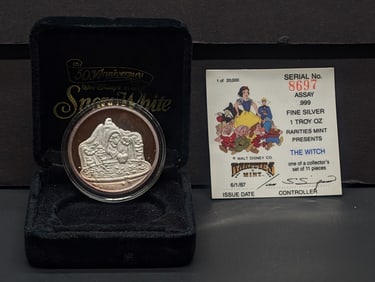1 Troy Oz. .999 FINE SILVER Walt Disney Snow White - The Witch Designed Round in Capsule &
