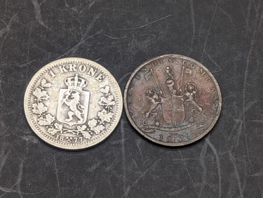1830 East Indian Company 1/4 Anna & 1877 Sweden 1 Silver Krone