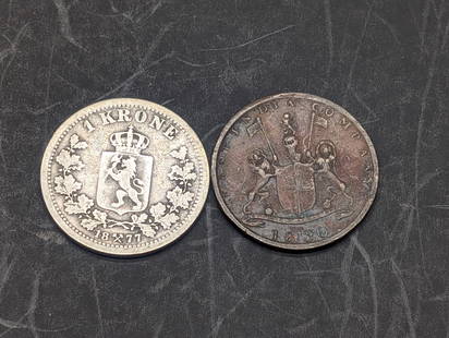 1830 East Indian Company 1/4 Anna & 1877 Sweden 1 Silver Krone: 1830 East Indian Company 1/4 Anna & 1877 Sweden 1 Silver Krone