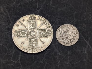 1922 Australia 3 Silver Pence & 1921 Great Britain 1 Silver Florin