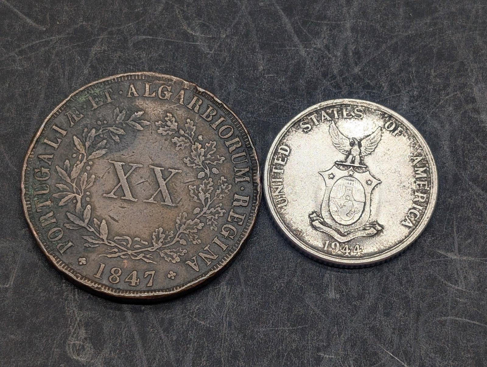 1944-S Philippines 50 Silver Centavos & 1847 Portugal 20 Reis *RARE* (1 of 2)