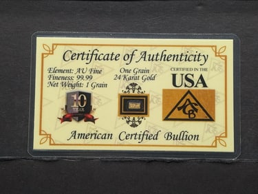 1 Grain .999 FINE 24k GOLD Miniature Bar in Display Card w/ COA