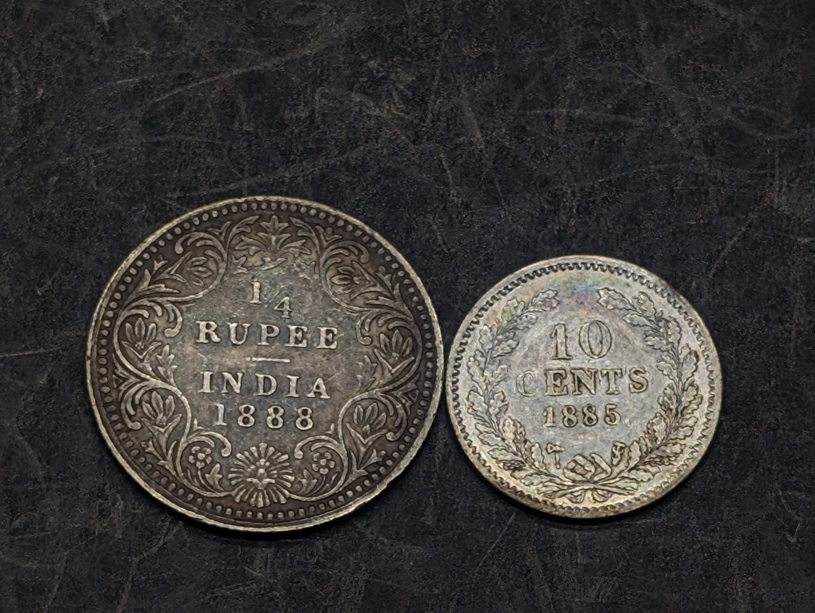 1888 British India 1/4 Silver Rupee & 1885 Netherlands 10 Silver Cents (1 of 2)