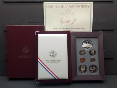 1996 U.S. Mint Prestige Set in OGP w/ COA - Olympic Rowing & Soccer Commem Silver Dollar