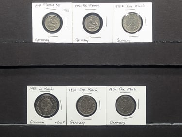 (6) German Coins; 1988 Two Marks, 1949 & 1950 Fifty Pfennig, (2) 1950 One Mark, & 1970F One Mark