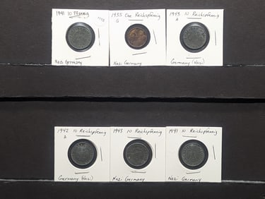 (6) German Coins; 1935 One Pfennig, (2) 1941, 1942, 1943, & 1943A Ten Pfennig