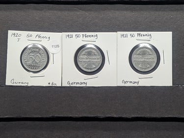 (3) German Coins; 1920J, & (2) 1921 Fifty Pfennig Coins