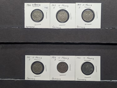 (6) German Coins; 1900, 1903D, 1907F, 1915J, 1916A, & 1921 Ten Pfennig Coins