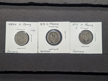 (3) German Coins; 1875, 1875J, & 1888A Ten Pfennig Coins