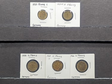 (5) German Coins; 1950, 1950F, Five Pfennig, 1949J, 1950, 1966 Ten Pfennig Coins