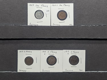 (5) German Coins; 1875, & 1918A Five Pfennig, 1913G Two Pfennig, 1900D, & 1953 One Pfennig Coins