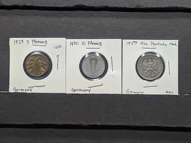 (3) German Coins; 1929 Five Pfennig, 1950 Ten Pfennig, & 1959 One Deutsche Mark