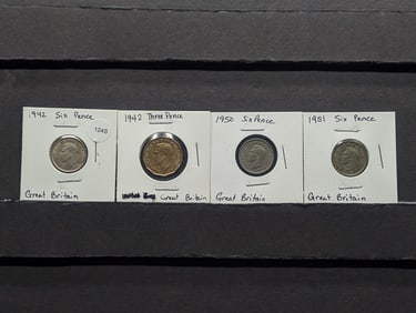 (4) Coins; Australia 1942-D Three Pence: Great Britain 1942 Three Pence, 1950, & 1951 Six Pence