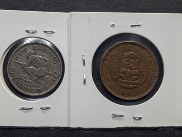 (2) New Zealand Coins; 1947 One Schilling & 1945 Half Penny