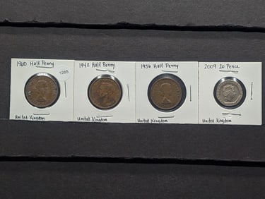 (4) United Kingdom Coins; 1942, 1956, 1960 Half Pennies & 2009 Twenty Pence