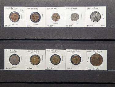 (10) Great Britain Coins; 1948 Large Penny, 1944 & 1949 One Farthing, 1937 & 1941 Three Pence, 1956