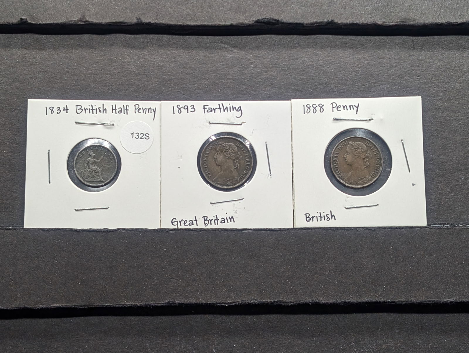 (3) Great Britain Coins; 1893 One Farthing, 1834 Half Penny, 1888 One Penny (1 of 5)