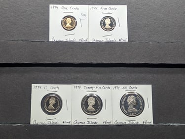 (5) 1974 Cayman Islands Proof Coins, One, Five, Ten, Twenty-five, & Fifty Cents