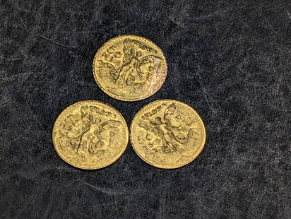 Lot of Three 9k SOLID GOLD 1947 Mexico Libertad 50 Pesos Miniature Commemorative Rounds: Lot of Three 9k SOLID GOLD 1947 Mexico Libertad 50 Pesos Miniature Commemorative Rounds