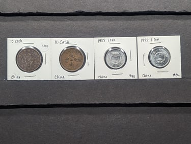 (4) China Coins; (2) Ten Cash & 1982 & 1988 One Fen