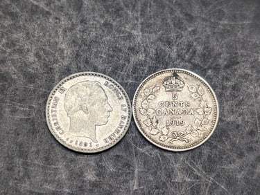 1919 Canada 5 Silver Cents & 1891 Denmark 10 Silver Ore