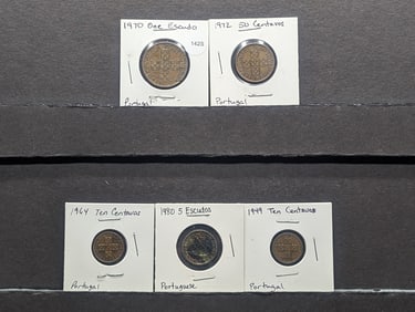 (5) Portugal Coins; 1949 & 1964 Ten Centavos, 1971 One Escudo, 1985 Escudos, 1972 Fifty Centavos