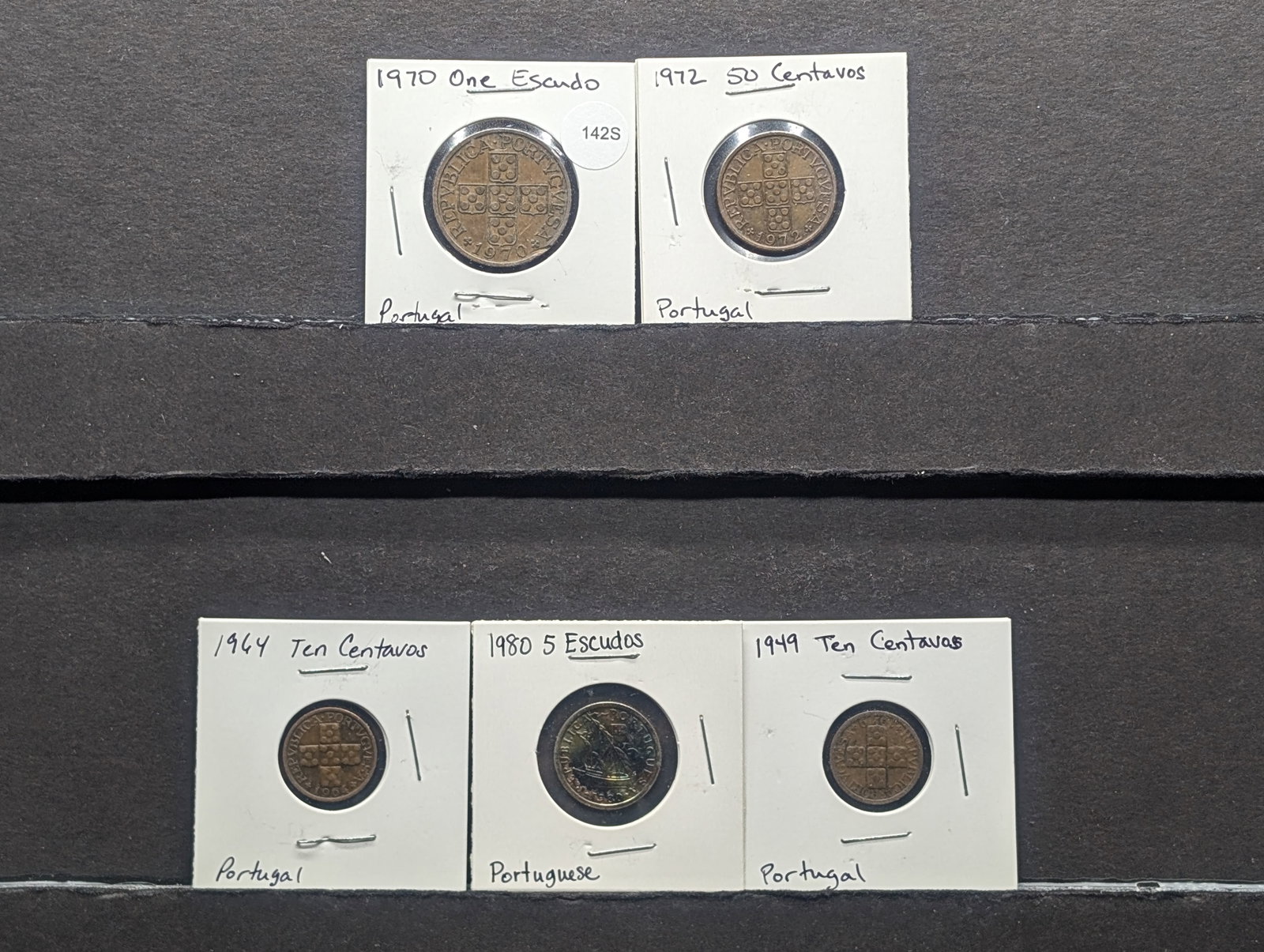 (5) Portugal Coins; 1949 & 1964 Ten Centavos, 1971 One Escudo, 1985 Escudos, 1972 Fifty Centavos (1 of 6)