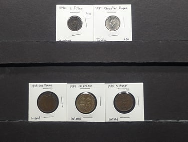 (5) Foreign Coins; 1892 Two Filler Hungary, 1947 Quarter Rupee India, 1940 Five Aurar, 1935 One