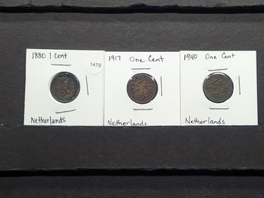 (3) Netherland Coins; 1880, 1917, 1940 One Cent Coins