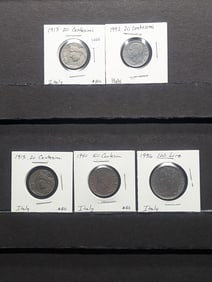 (5) Italy Coins; (2) 1913, 1942 Centesimi, 1940 Fifty Centesimi, 1957 One-hundred Lire