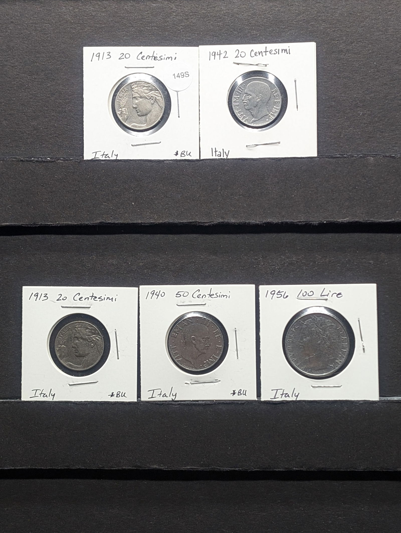 (5) Italy Coins; (2) 1913, 1942 Centesimi, 1940 Fifty Centesimi, 1957 One-hundred Lire (1 of 5)