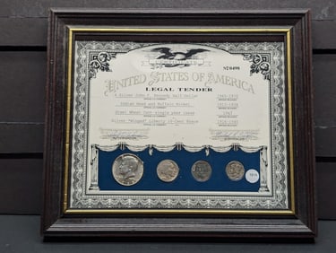 Framed USA Legal Tender: 40% silver 68-S Kennedy, Buffalo Nickel, 1943 Steel Cent and Mercury Sime.