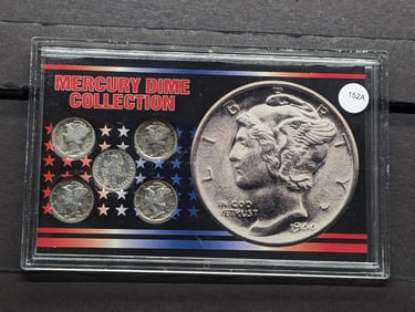 Mercury Dime Collection. Five Mercs one from each decade in nice holder. Circs.