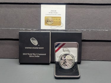 2018-P PROOF WWI Centennial Commem Silver Dollar in OGP w/ COA