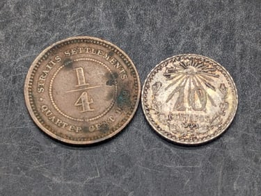 1908 Straits Settlements 1/4 Cent & 1933 Mexico 10 Silver Centavos