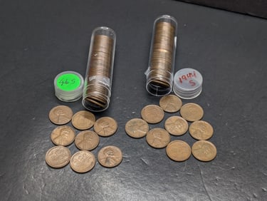 1944-S and 1946-S Rolls of Lincoln Wheat Cents. Circulated.