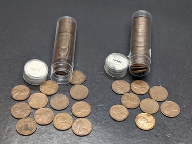 1948-S and 1950-S Rolls of Lincoln Wheat Cents. Circulated.