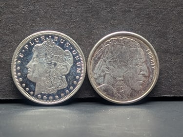 1/4th Oz. Each .999 FINE SILVER Morgan Dollar & Buffalo Nickel Designed Round (2 PCS)