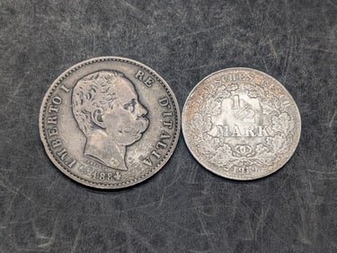 1919 German Empire 1/2 Silver Mark & 1884 Italy 1 Silver Lire