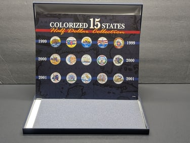 Lot of 15 U.S. State Colorized Half Dollar Collection in Display Box (1999. 2000, 2001)