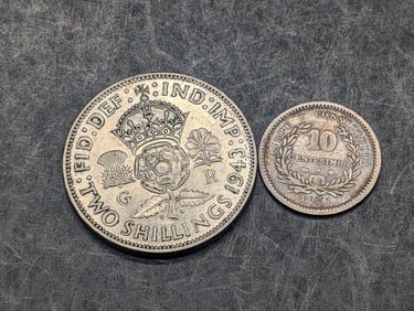 1943 Great Britain 2 Silver Shillings & 1877 Uruguay 10 Silver Centesimos